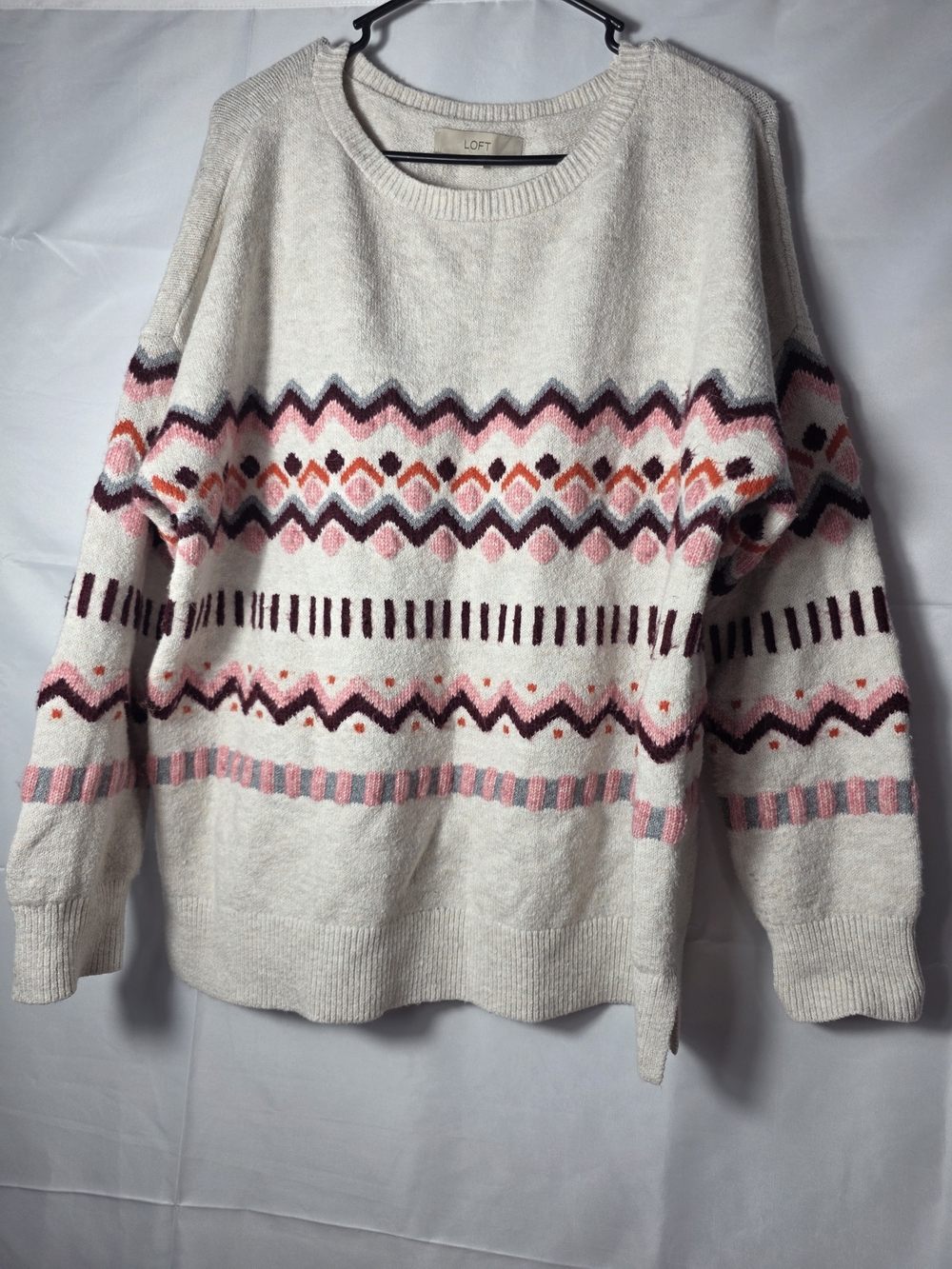 LOFT Cream Fair Isle Crewneck Sweater with Pink and Burgundy Pattern XL